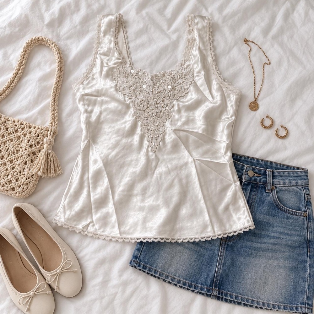 70s Lace Tank Top 70s size medium white satin tank top